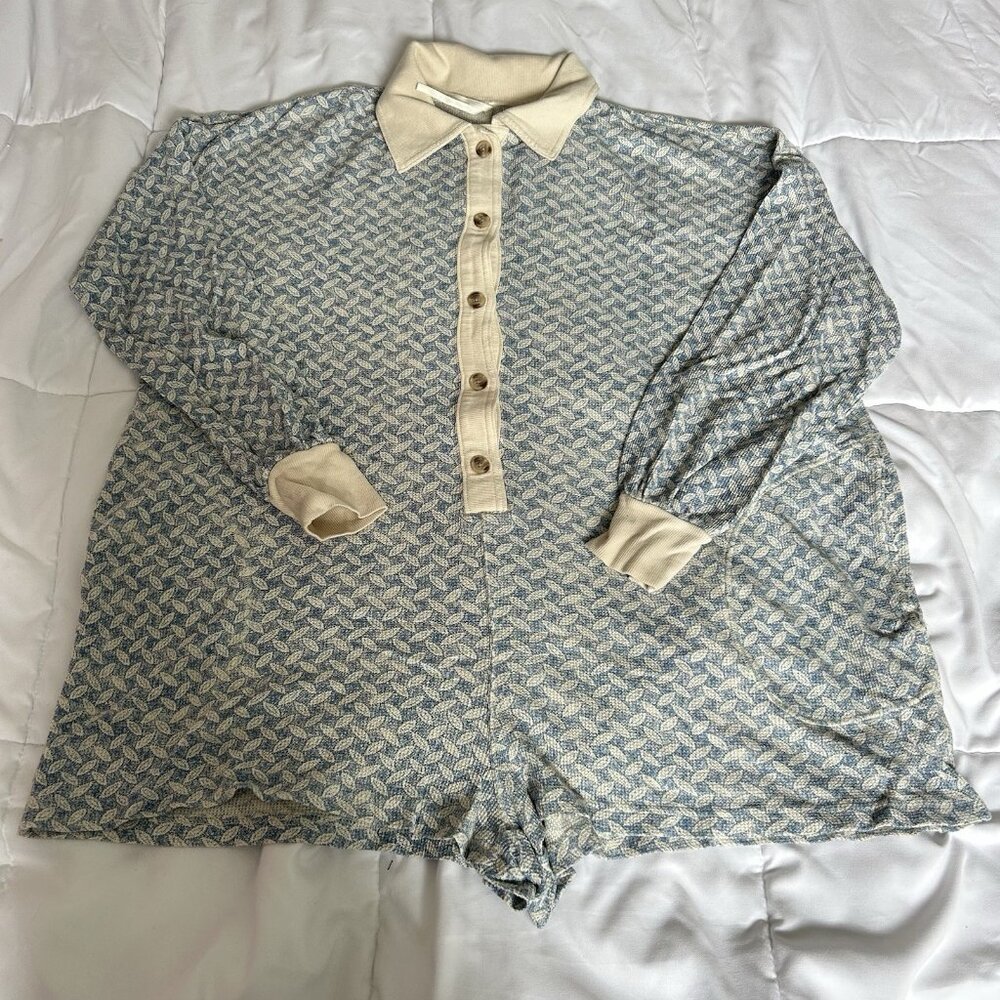 Anthropologie Blue and Cream Patterned Romper